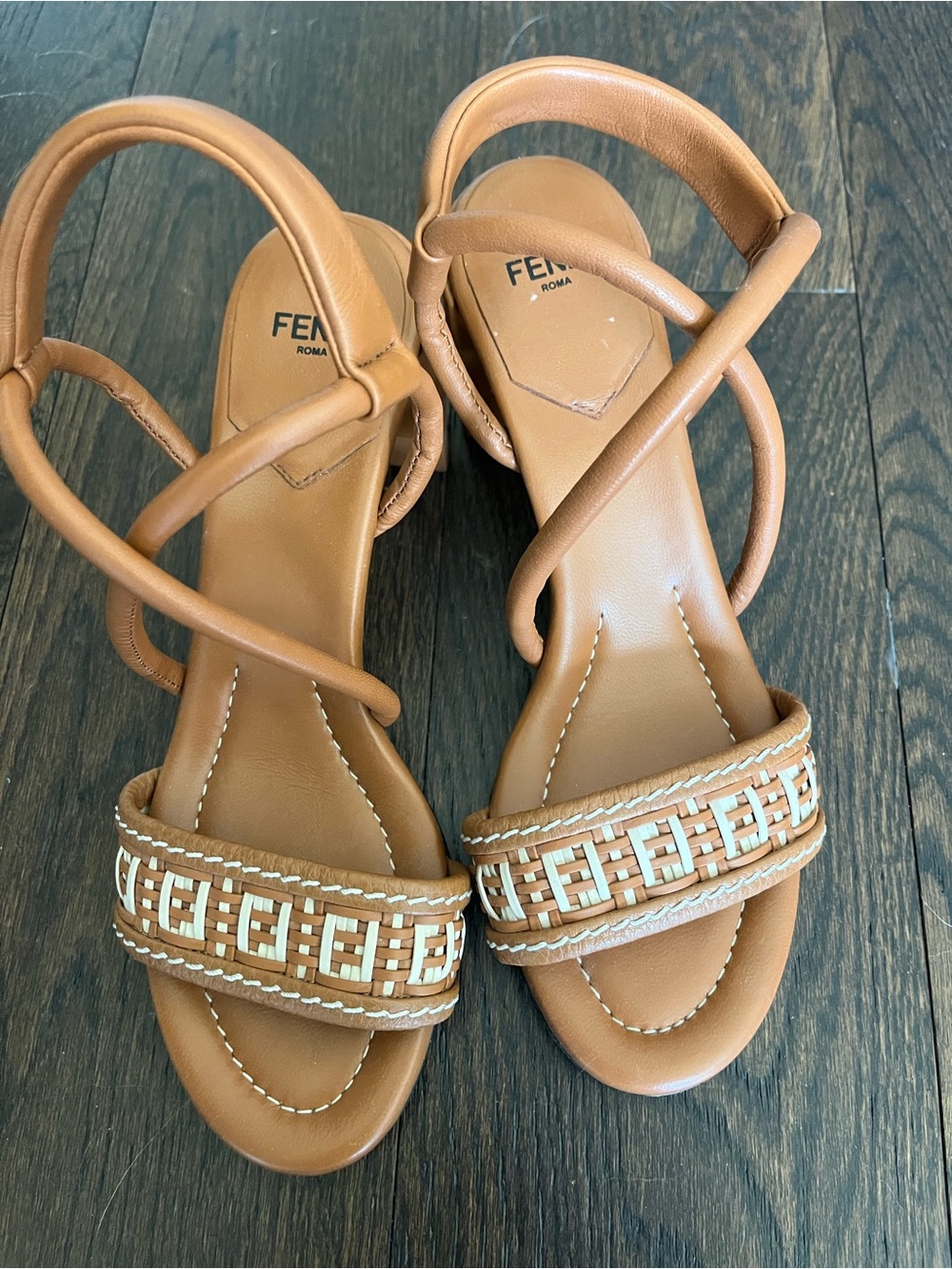 Fendi Tan Leather Braided Strap Block-Heel Sandals - Picture 3 of 4